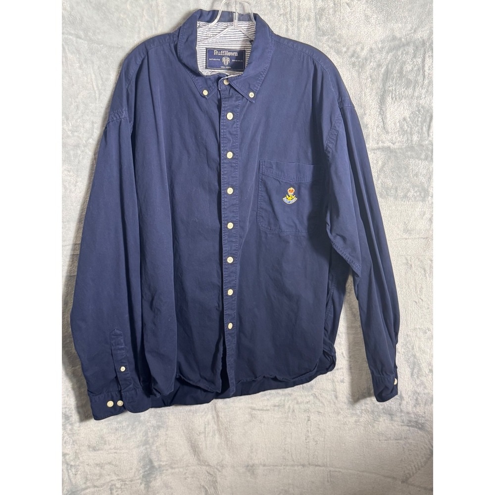 Ruff Hewn Mens Navy Blue Button Down Shirt Embroidered Crest Casual Size 2XL
